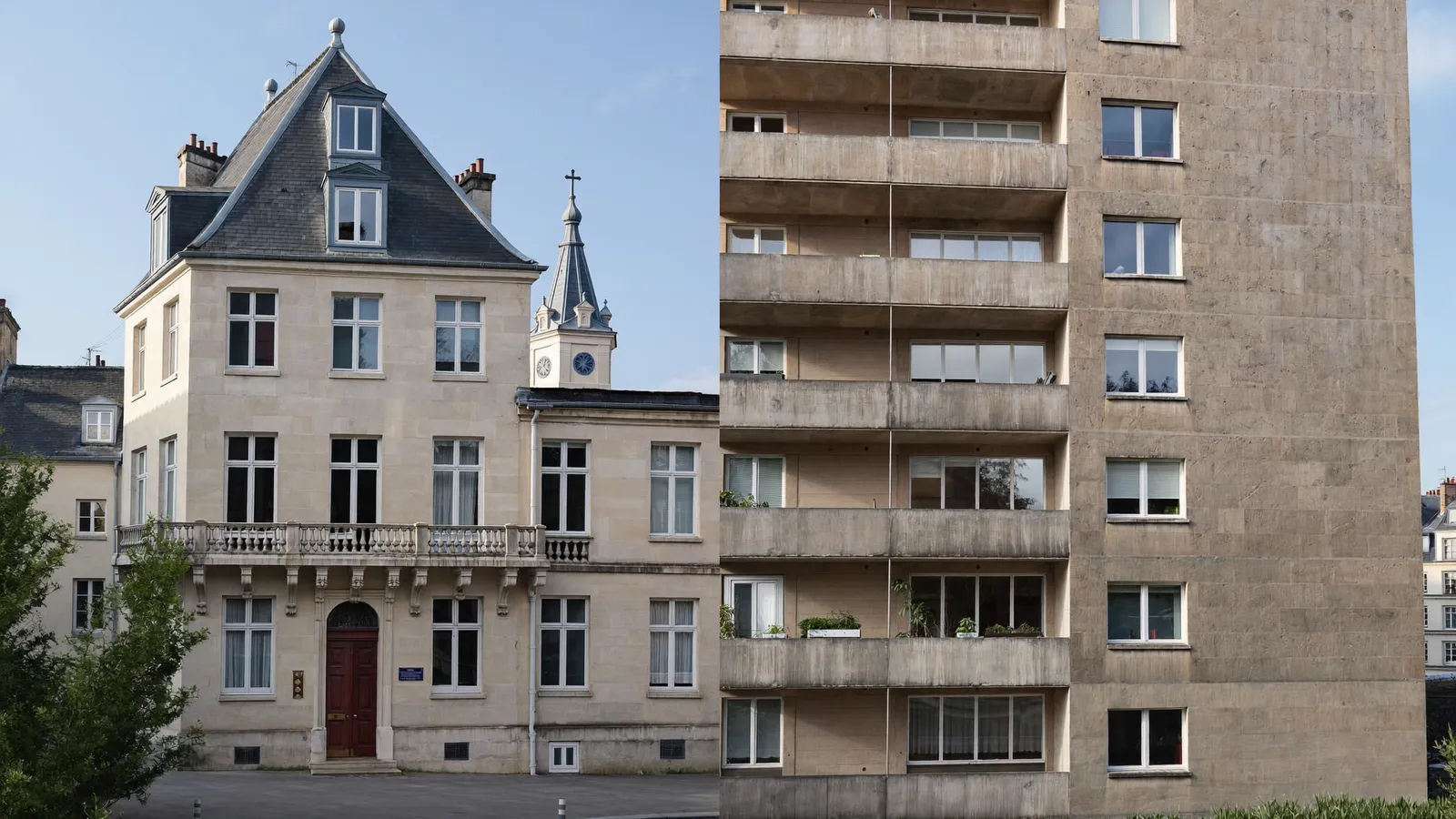 Contraste entre une maison de pierre calcaire ancienne et un immeuble des années 70 à Poitiers